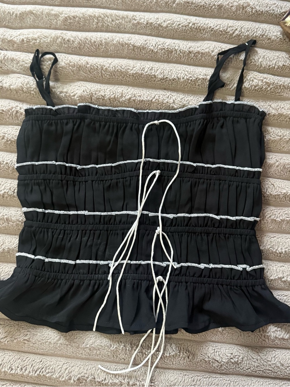 Black Smocked Spaghetti Strap Tank with White Trim